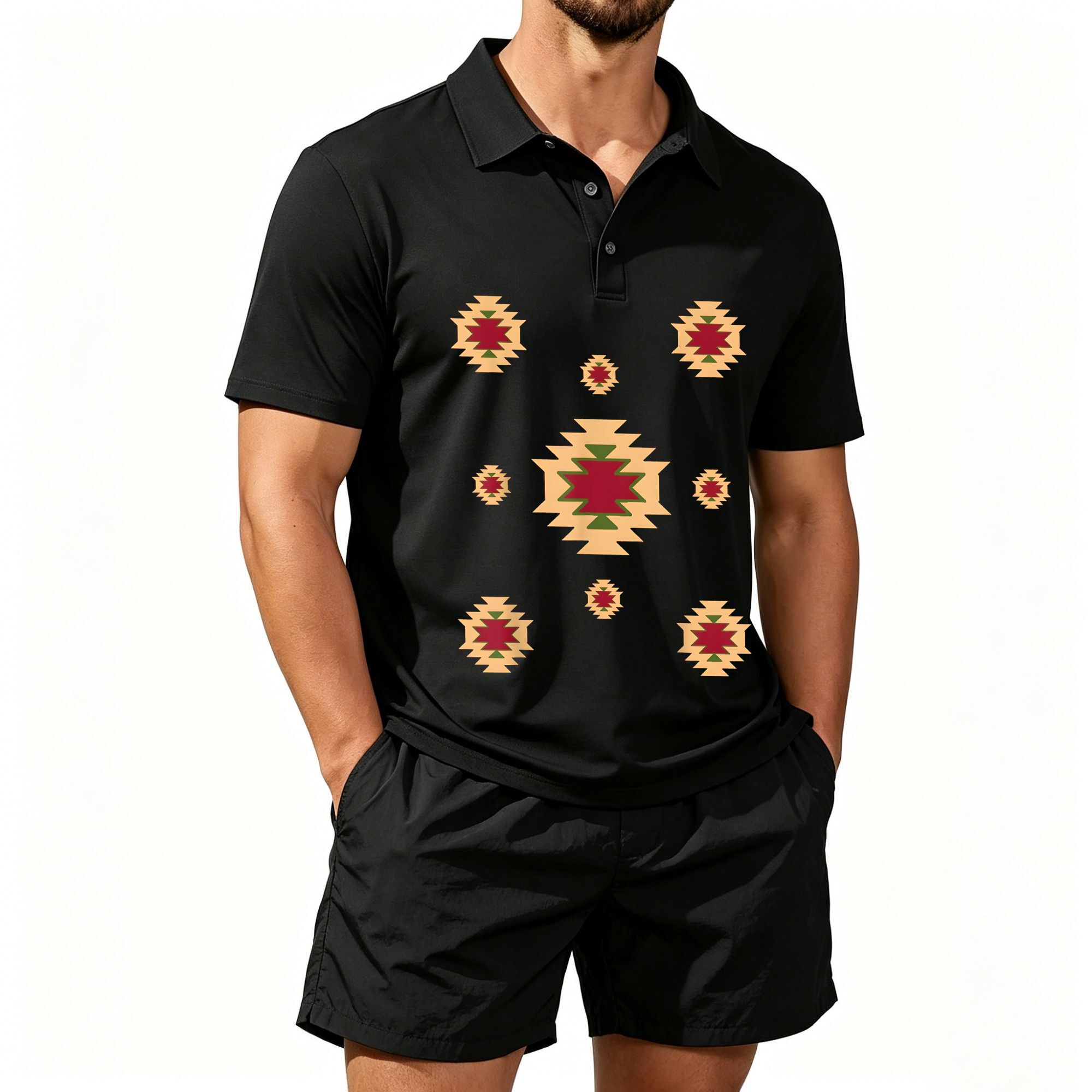 Ethnic Fabric - Setelan Kaos Polo Lengan Pendek Pria,
